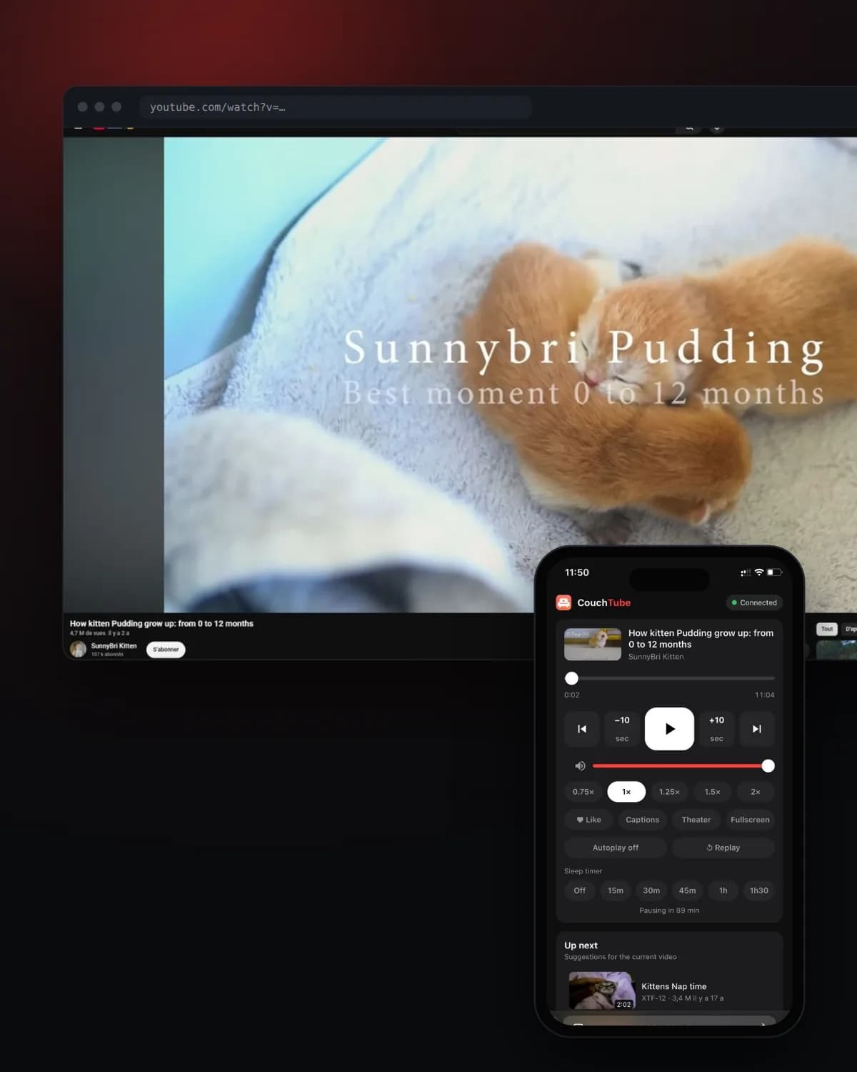 La télécommande CouchTube sur un téléphone à côté de YouTube sur un ordinateur portable